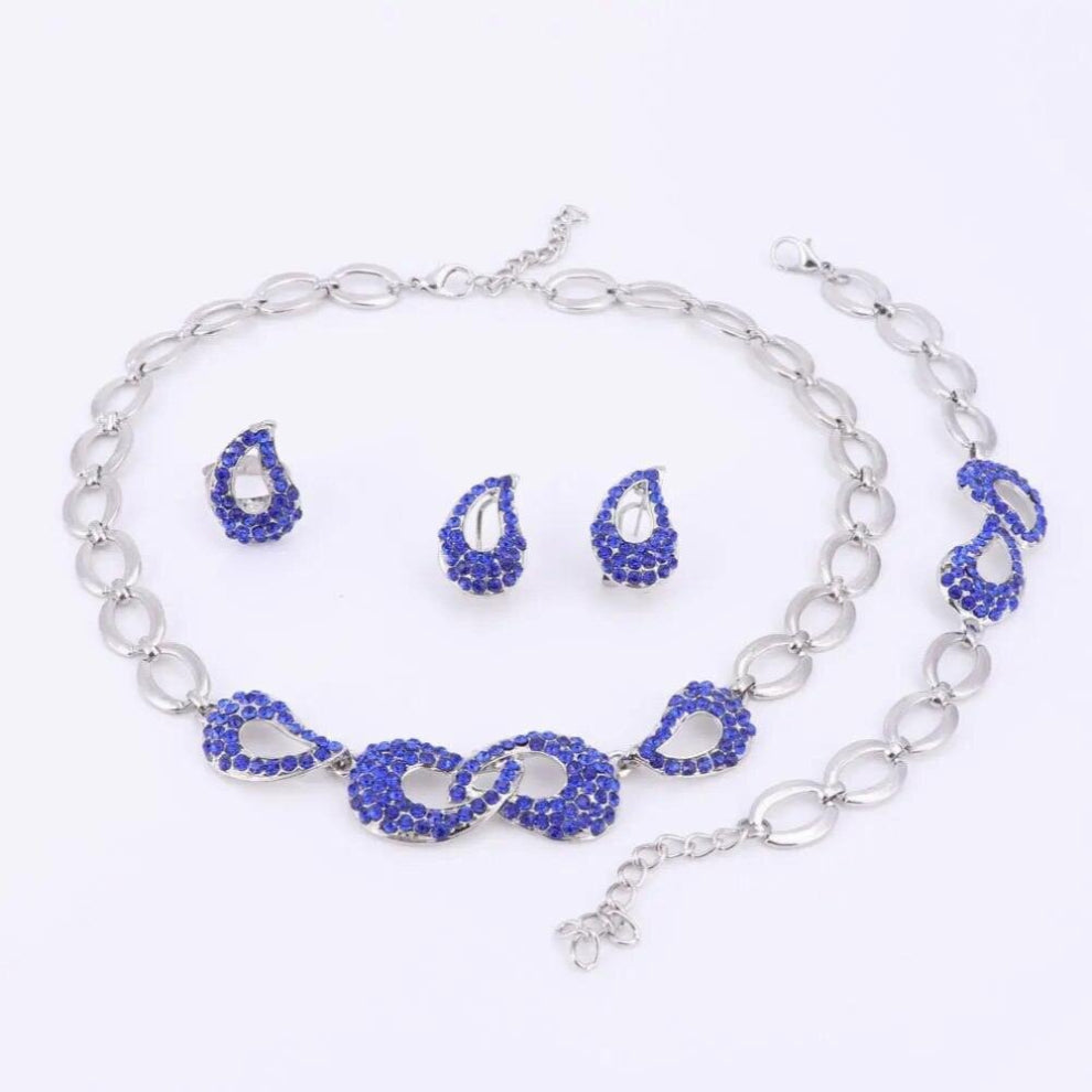 3Colors Bridal Wedding Crystal Silver Plated Necklace-Earrings-Bracelet-Rings Women Jewelry Sets African Beads Party Accessories