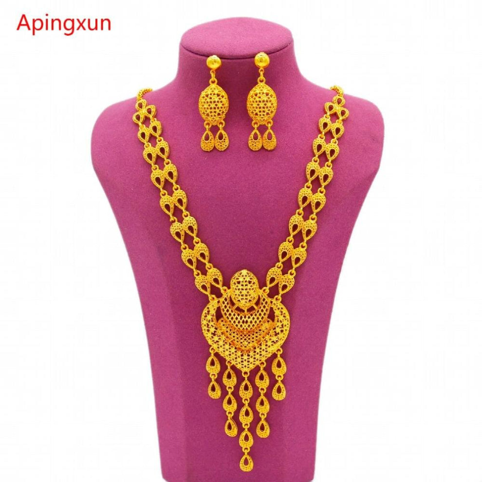 Dubai 24K Necklace&Earrings Jewelry Set For African-French Women Bridal Wedding Decoration Party Gift