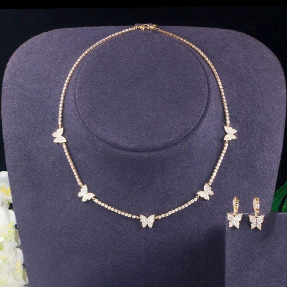 Pera Charming CZ Zircon Yellow Colour 2Pcs Round Butterfly Chokers Necklace Earrings Set for Ladies Prom Jewelry J342