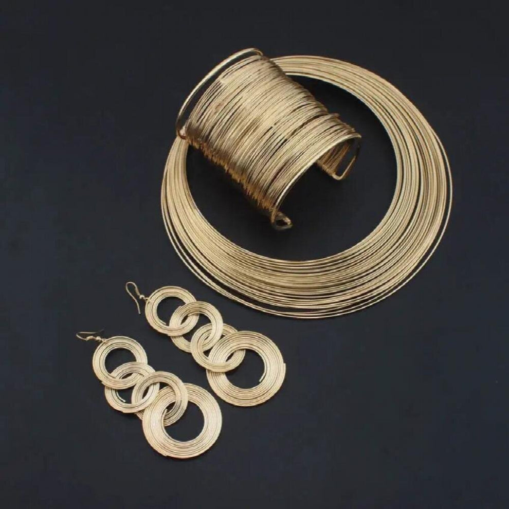 Women Punk Alloy Statement Jewelry Sets Multilayer Metal Wire Chokers Necklace Bangle Earring Sets Accessories