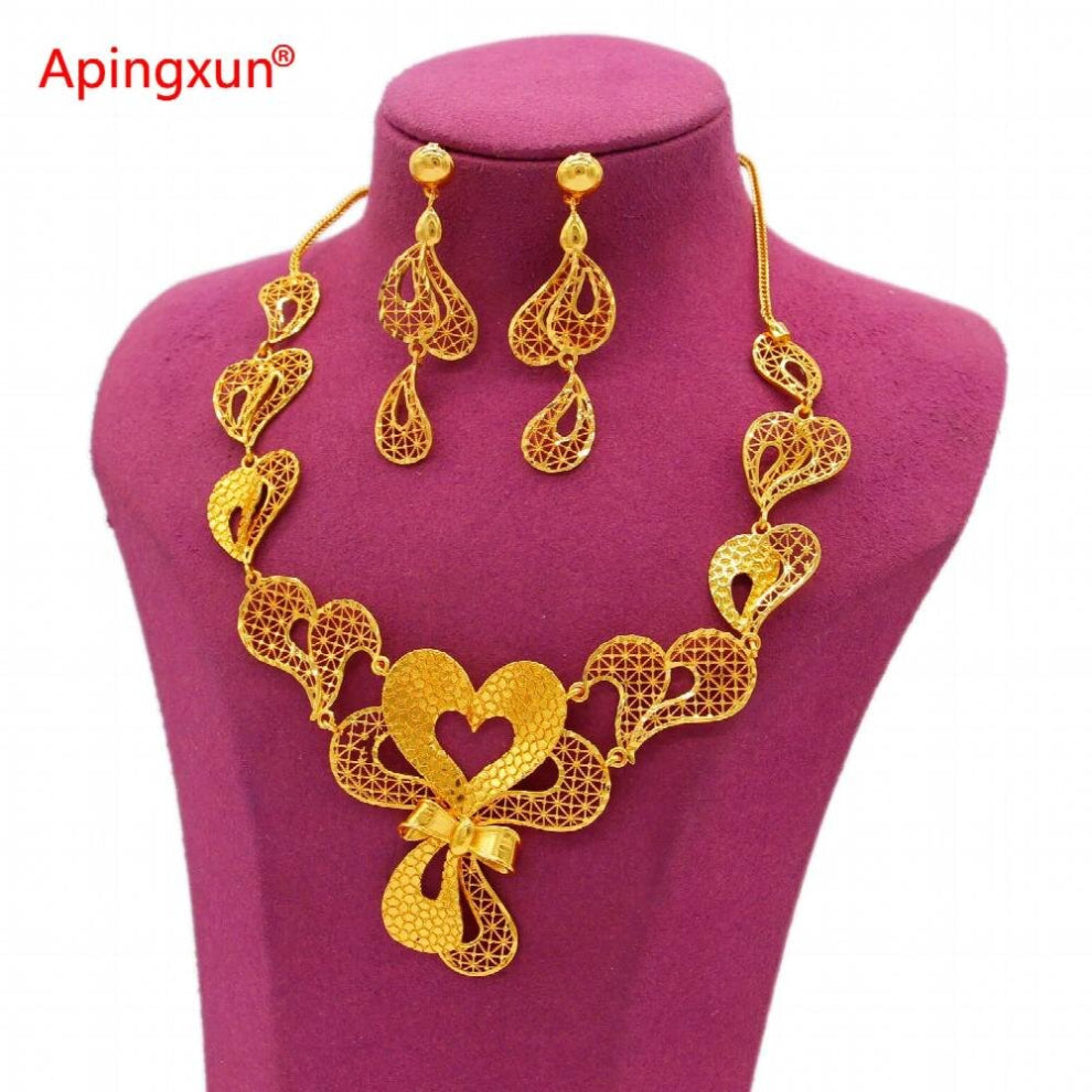 Heart Bowknot Shape Necklace-Earrings Sets for African Spain Women Girls Bridal Wedding Jewelry Party