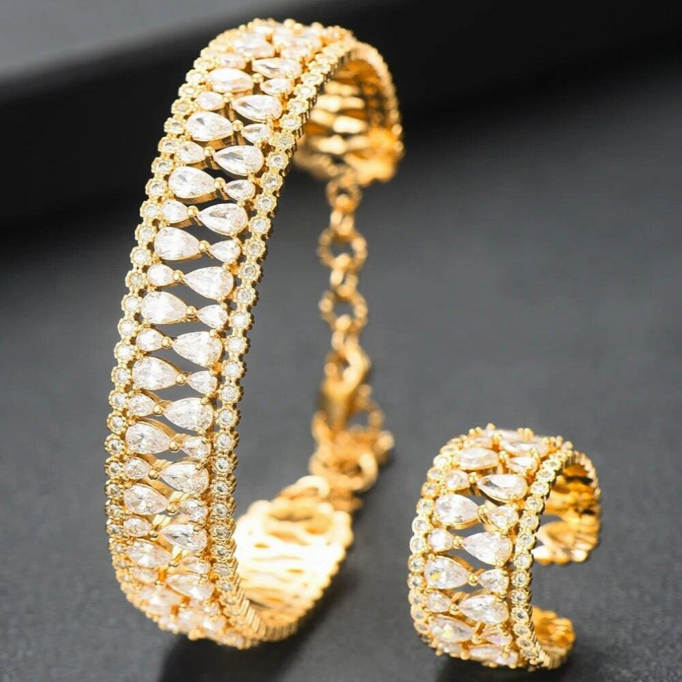 GODK 2PCS Bracelets-Ring Cubic Zirconia Open Bangle Resizable Rings Girls Women Patry Wedding Jewelry Sets