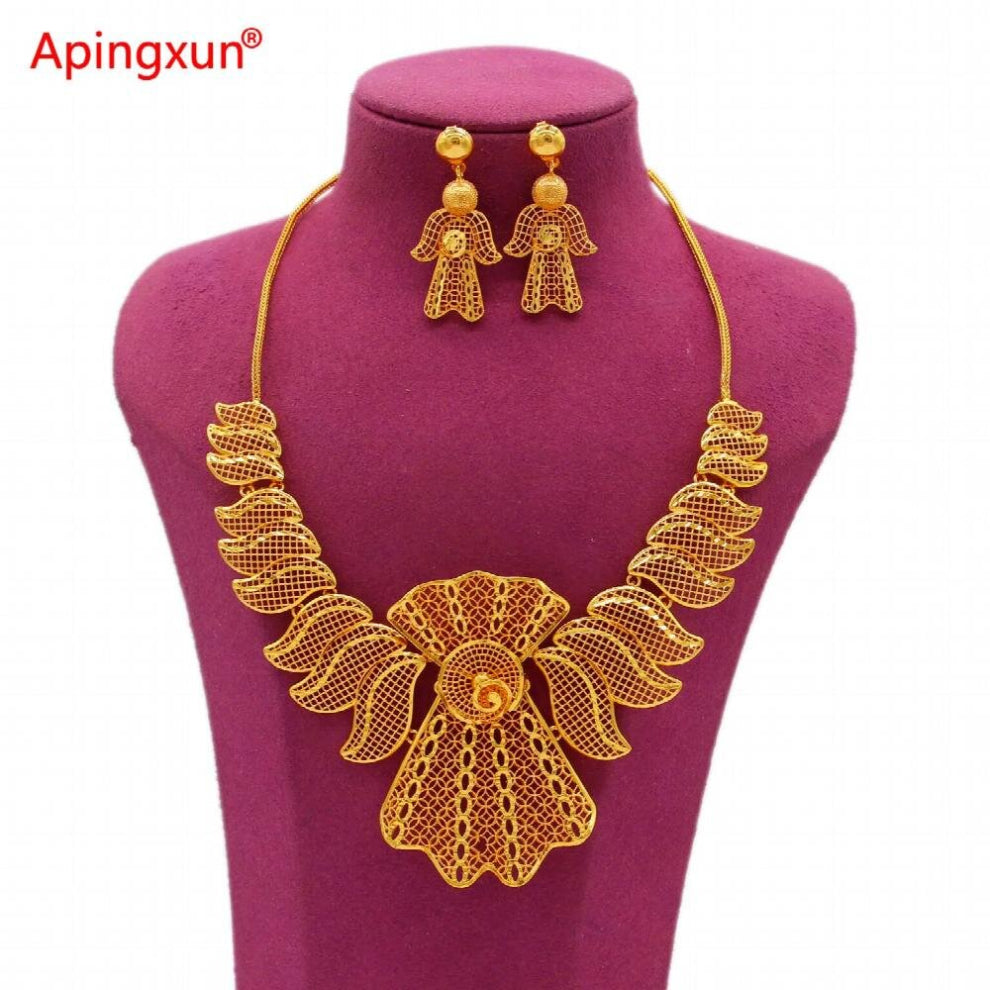 Wing Shape Top Dubai Color-Copper Necklace&Earrings Set African Arab Women Wedding Jewelry