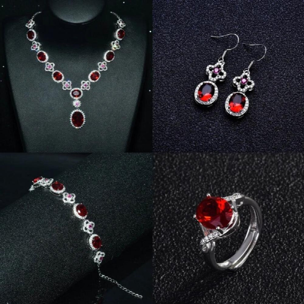 Vintage Jewelry 4Pcs Sets Creative Oval Flowers Cubic Zircon Necklace Bracelet Women Wedding Ring-Earrings