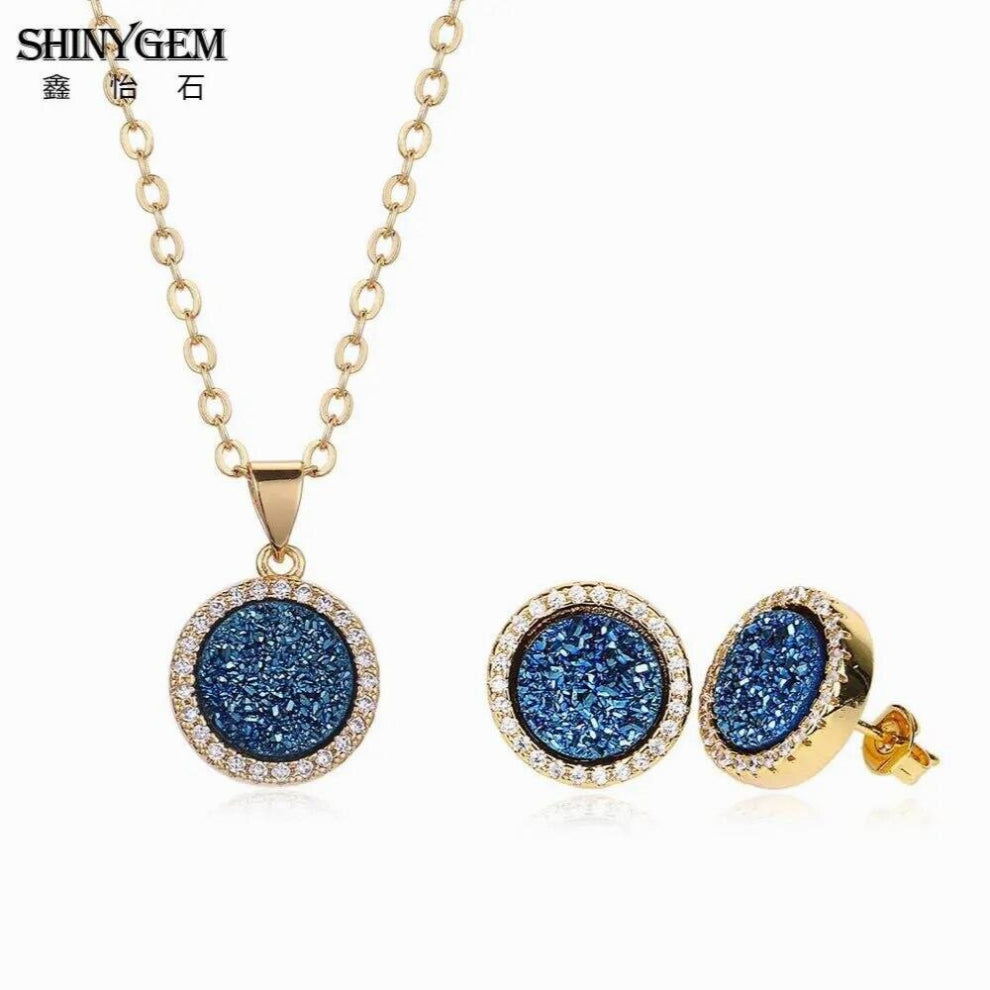 ShinyGem 5Colors Jewelry Sets For Women Micro Pave Zircon Natural Round Crystal Necklaces-Earrings Jewelery Sets For Women