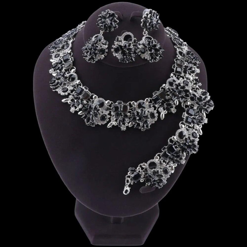 Vintage Crystal Round Jewelry Sets For Women Party Jewelry Silver Necklace-Bracelet-Earring-Ring Jewellary