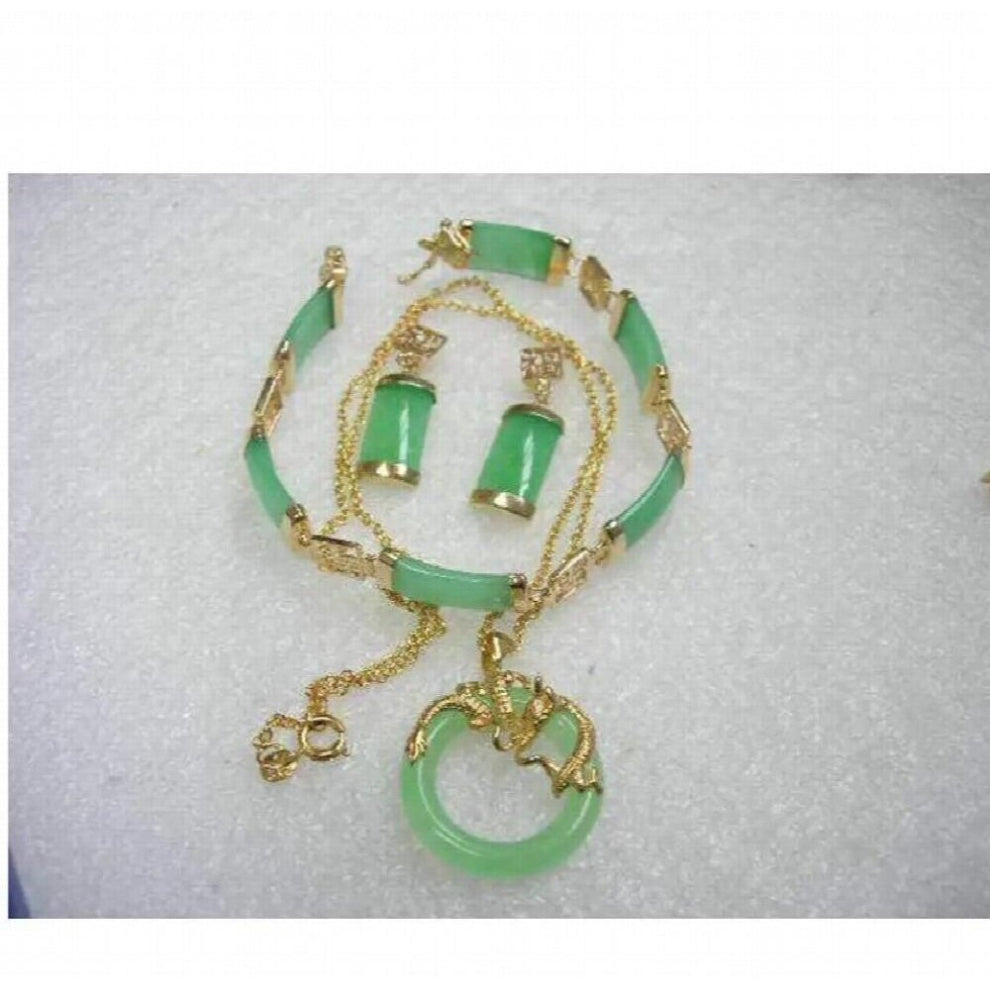 Natural Green Jade Pendant Necklace+Earrings+Bracelet Lucky Jewelry Sets