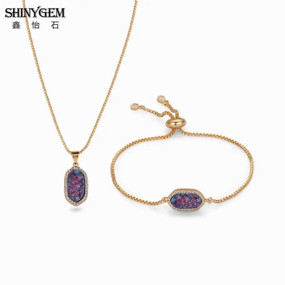 ShinyGem Arrival Druzy Stone Jewelry Set Necklaces-Bracelets Sets Plating 10 Colors Oval Crystal Jewelry Sets For Women