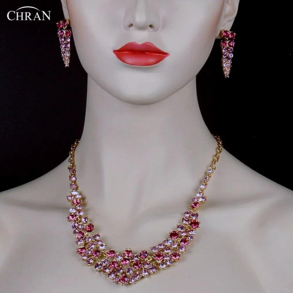 Pink Crystal Wedding Party Jewelry Sets Women Indian Bridal Statement Necklace&Earrings Accessory