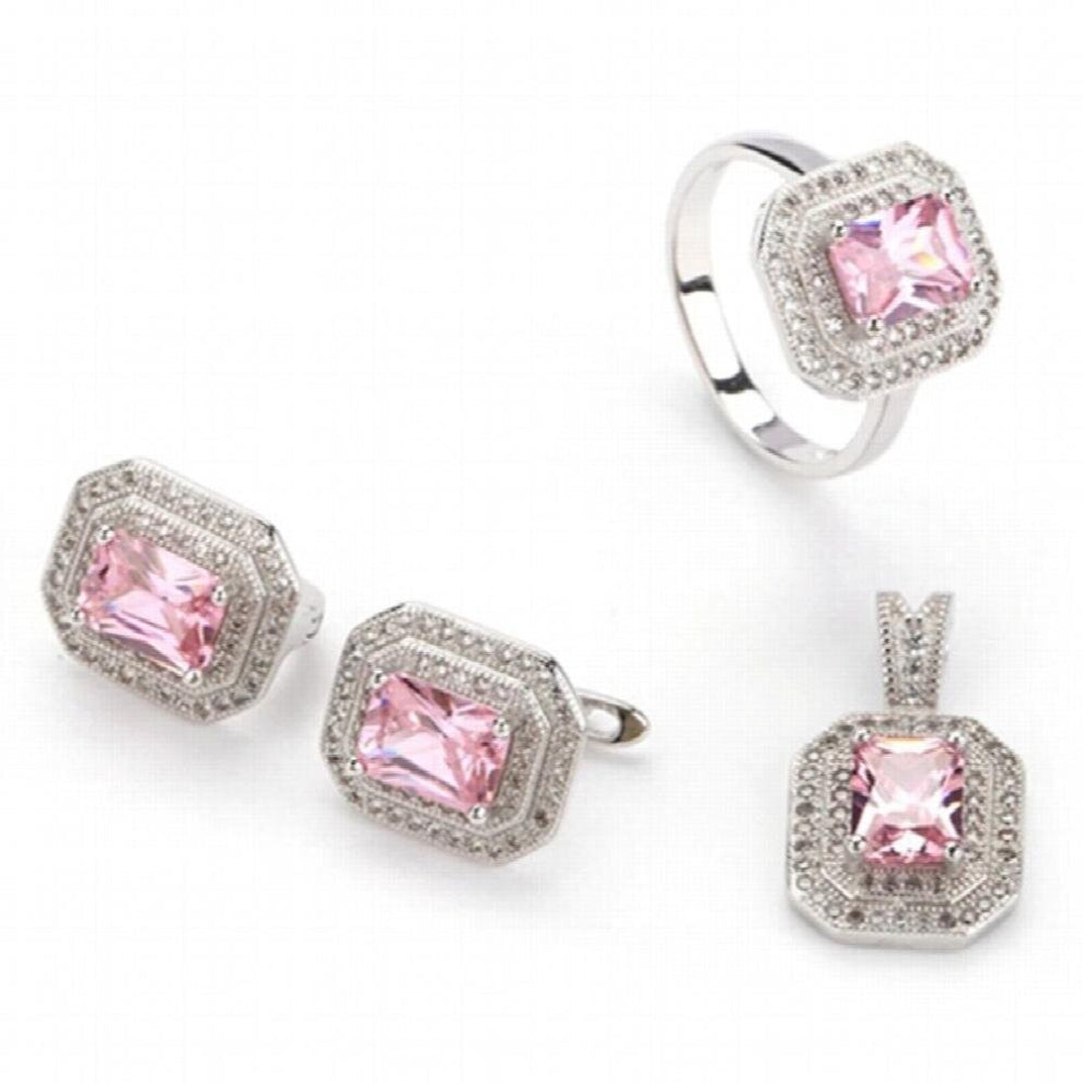 wedding jewelry sets for women (ring-earring-pendant) Pink Cubic Zirconia Rhodium Plated R3240set