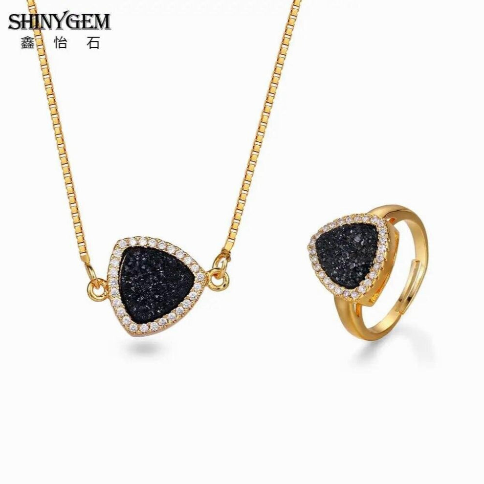 ShinyGem Pave Zirconia Ring-Necklace Jewelry Sets 10mm Triangle Natural Druzy Stone Jewelry Sets For Women Plating Jewelry