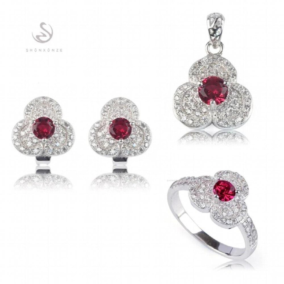 Punk jewelry sets women Engagement wedding set(ring-earring-pendant) Red Cubic Zirconia Rhodium Plated R3125set
