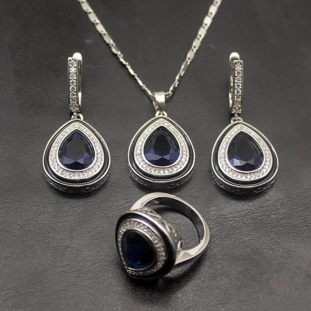 Hermosa Necklace-Earrings-Ring set Size 6-8 Women Accessory Silver Teardrop Jewlery Sets HS0014S