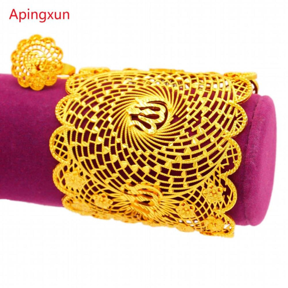 size Dubai 24K Bracelet&Ring Set For Ethiopian-Arab-French Women Bridal Wedding Jewelry Party Gift