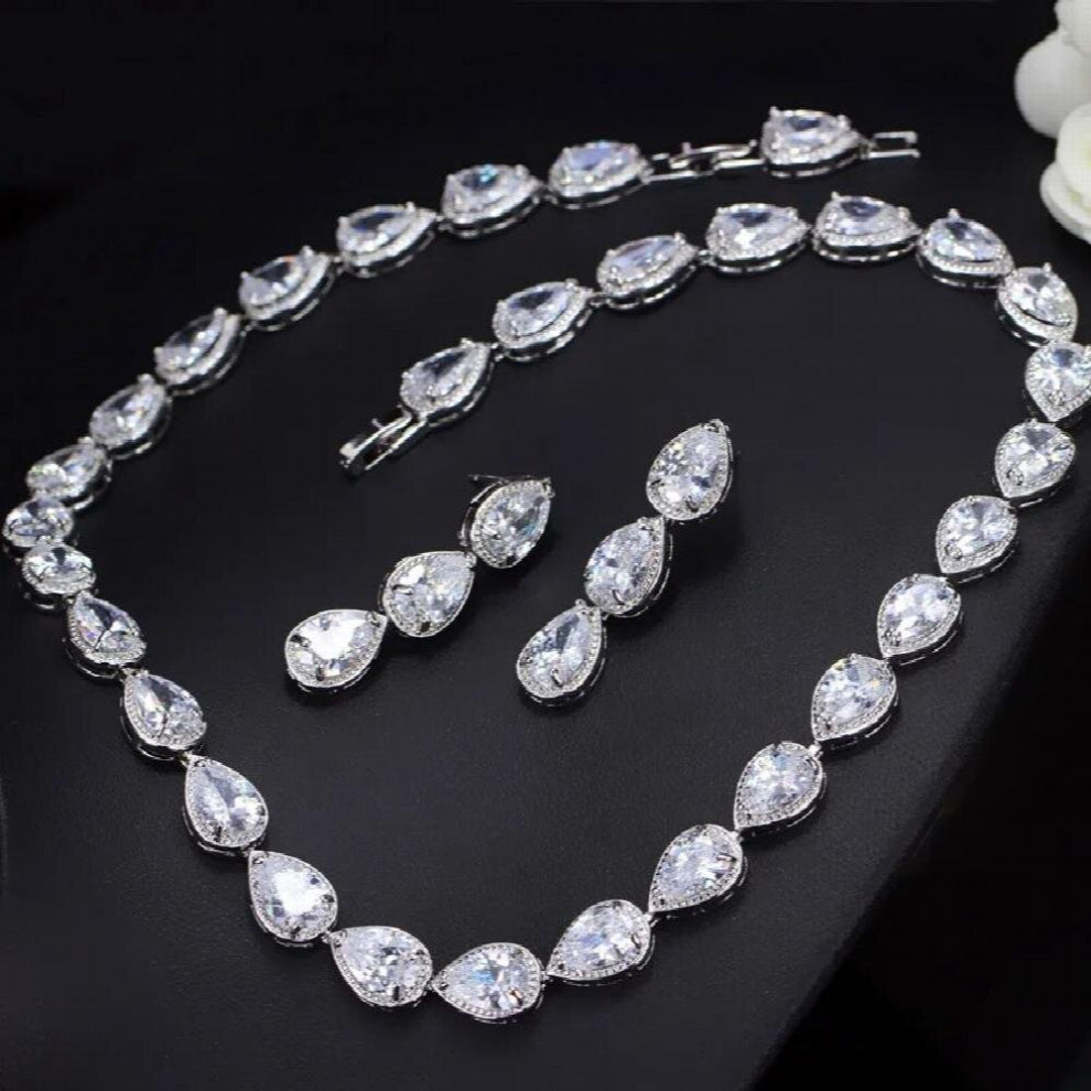 Pera Top Cubic Zirconia Bridal Jewelry Set Silver Big Pear Cut Connected Women Choker Necklace - Earrings for Wedding J207