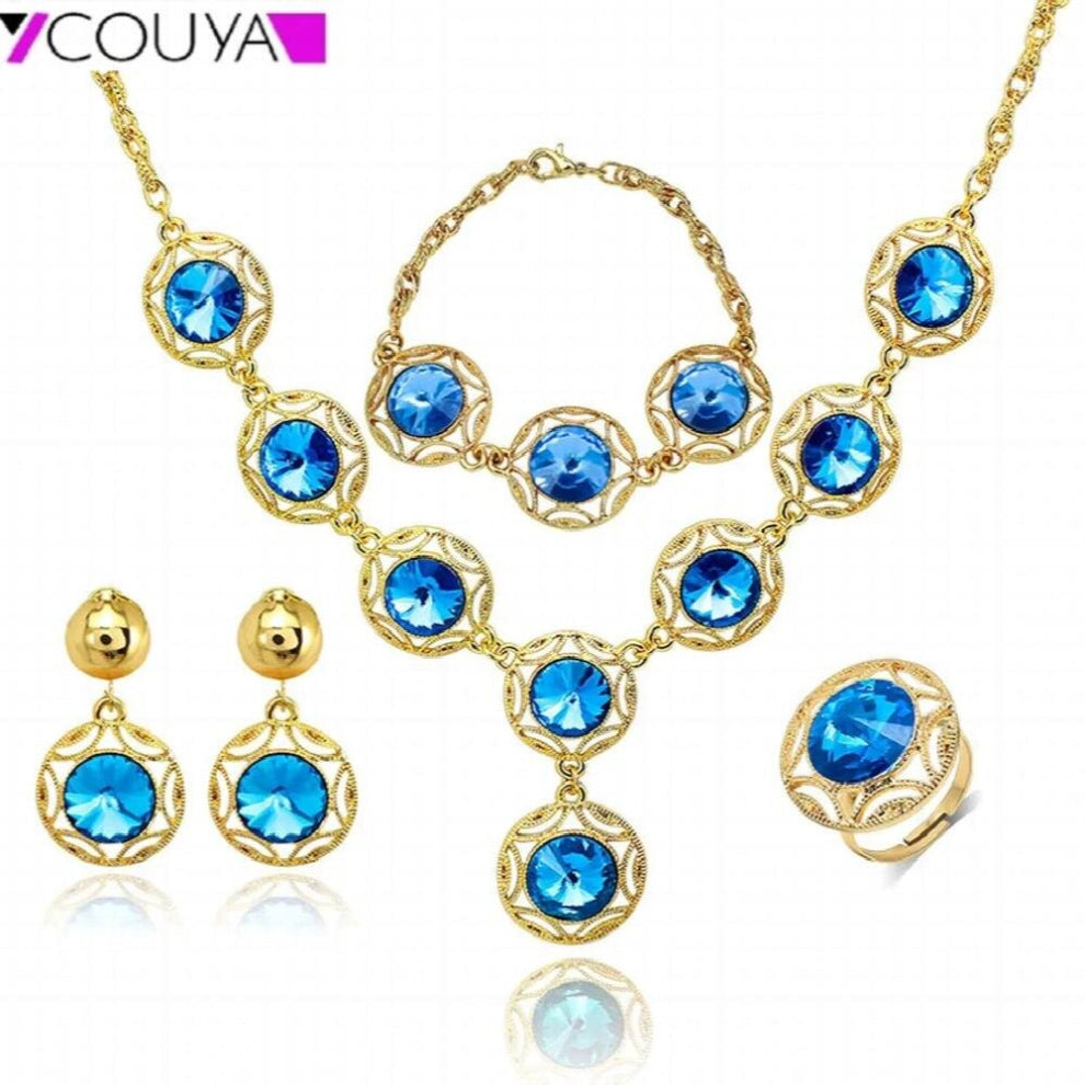 Women Jewelry Sets Crystal Art Circle Necklace+Rings(Size 8)+Chain Bracelet+Earrings Charm for Women Ladies 4Pcs