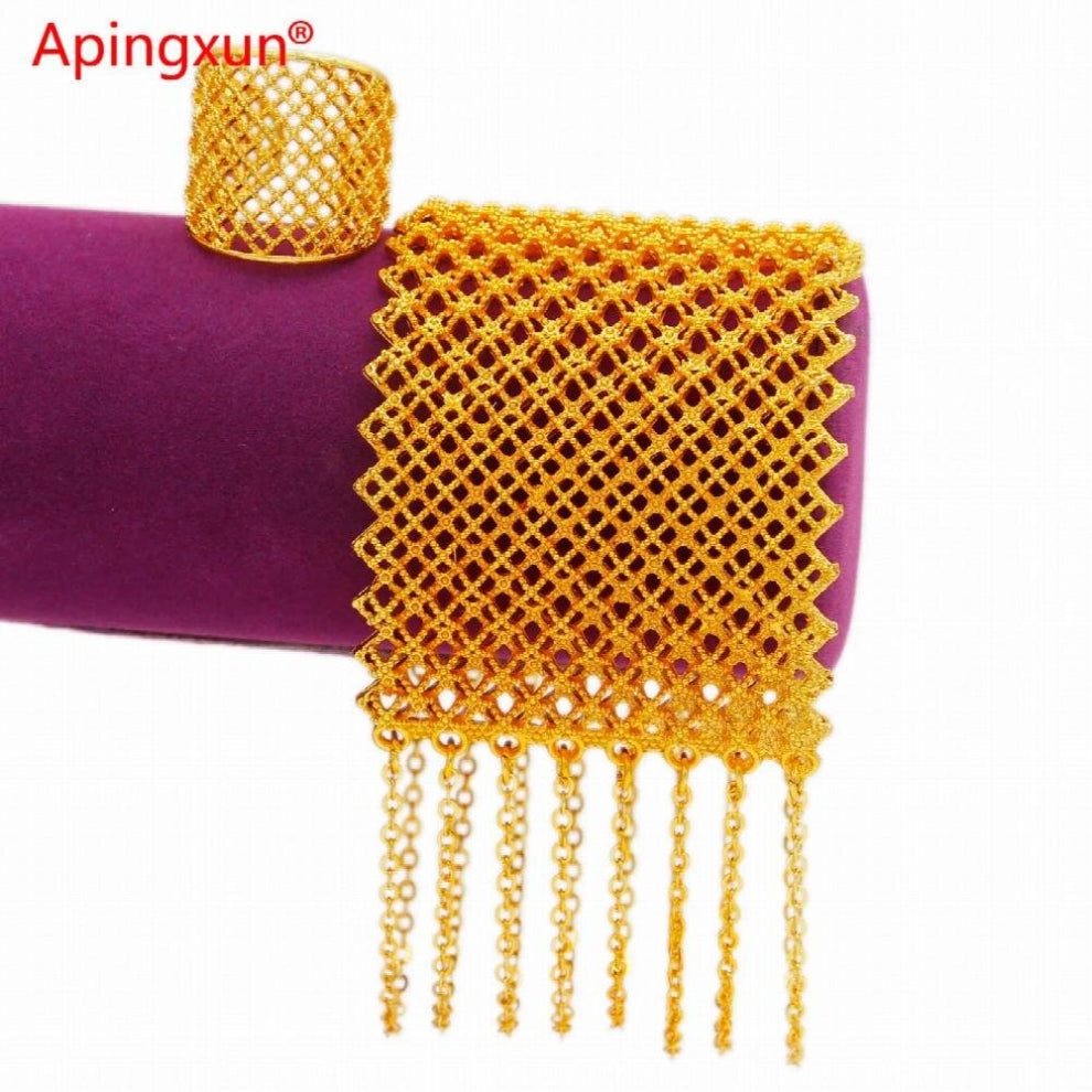 Dubai 24k Tassels Cuff Bracelet&Ring Set African-Arab Wedding Charm Jewelry Women Party