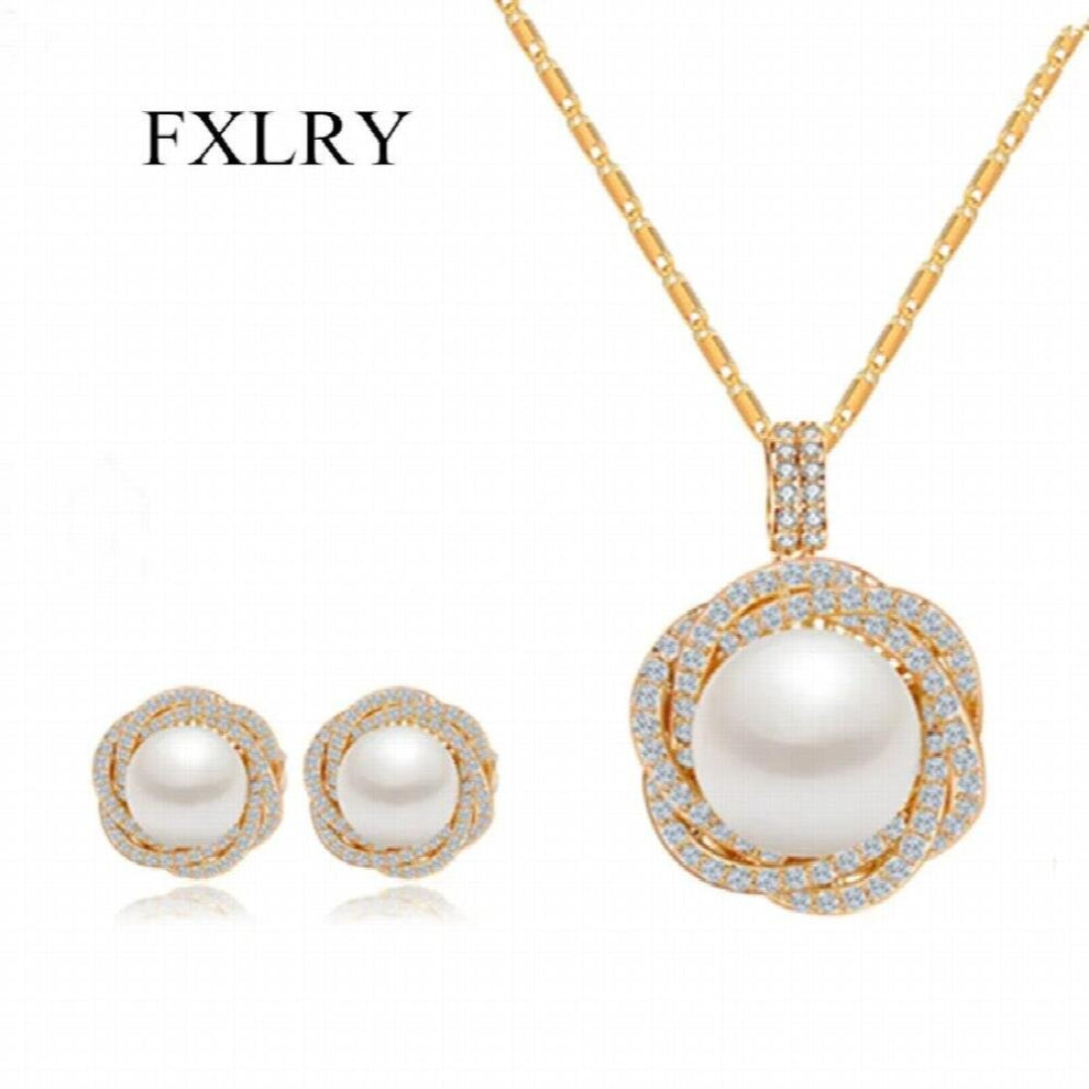 Flower White&Champagne Gold-Color Zirconia Big PearEarrings Ear Clips Necklace For Women Party Jewelry S