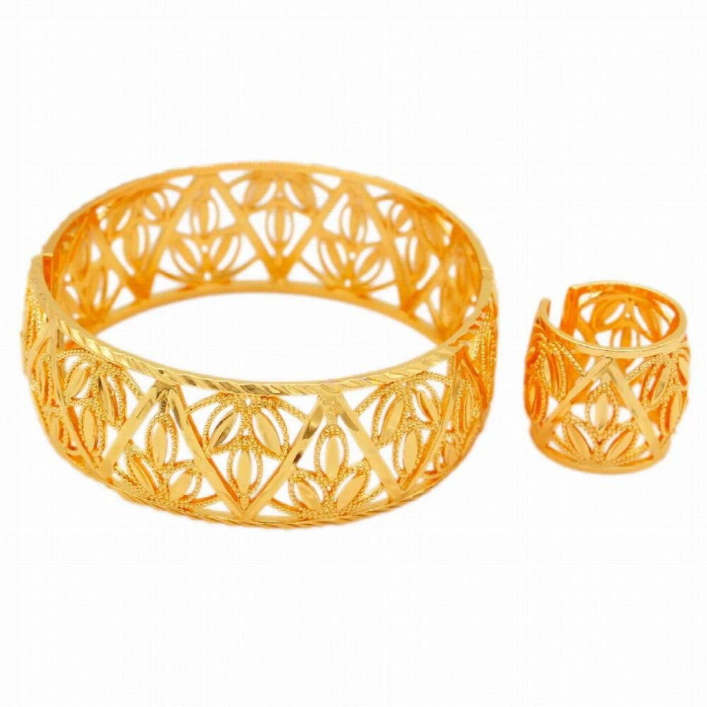 Dubai Bangle Indian Color-Copper Can Open Bracelet&Ring Jewelry Set African Women Men Couples Jewelry Wedding Gift