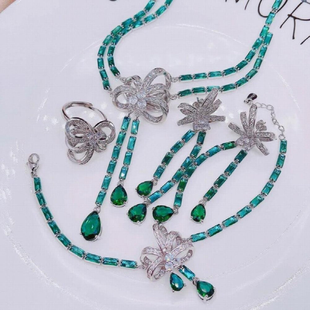 Bowknot Jewelry Set Charm Geometry Ring-Drop Earrings-Bracelet-Pendant Necklace For Women Wedding Engagement Ornaments