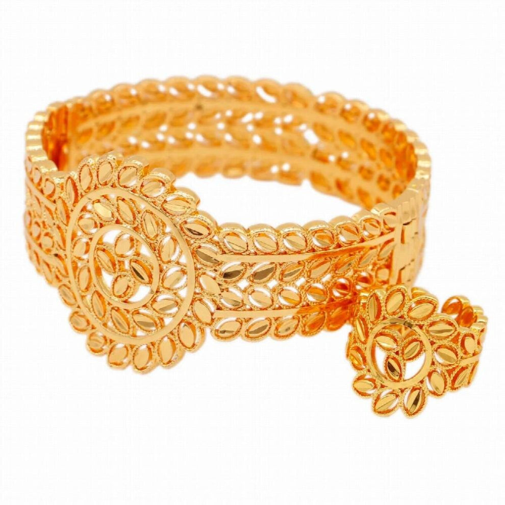 Top Leaf Shape Bracelet&Ring Jewelry Set Dubai Can Open Bangle Women Girl Bridal Jewelry