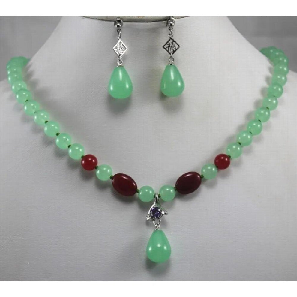 2 styles! 8mm light green-red jades wonderful necklace+ 2 stylesNatural Stone earring&pendant necklace jewelry set