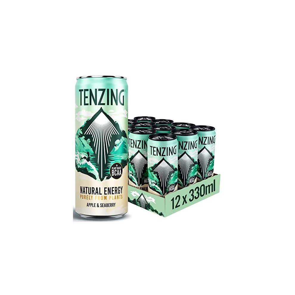 TENZING Natural Energy Drink, Plant Based, Vegan, & Gluten Free, BCAA, Apple & Seaberry, 330ml (Pack of 12)