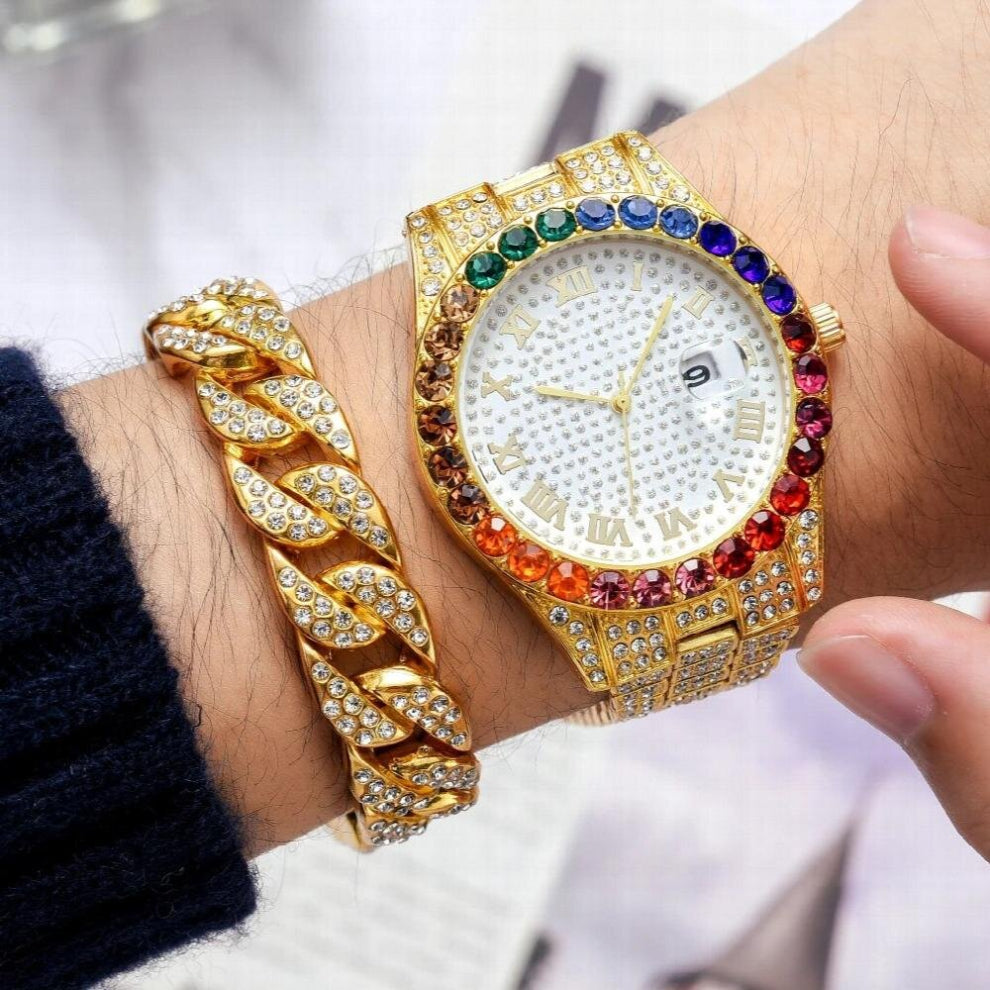 2 Pcs Watch+bracelet Hip Hop Stainless Steel Calendar Watch For Men Iced Out Paved Rhinestones Men Watch Reloj Hombre