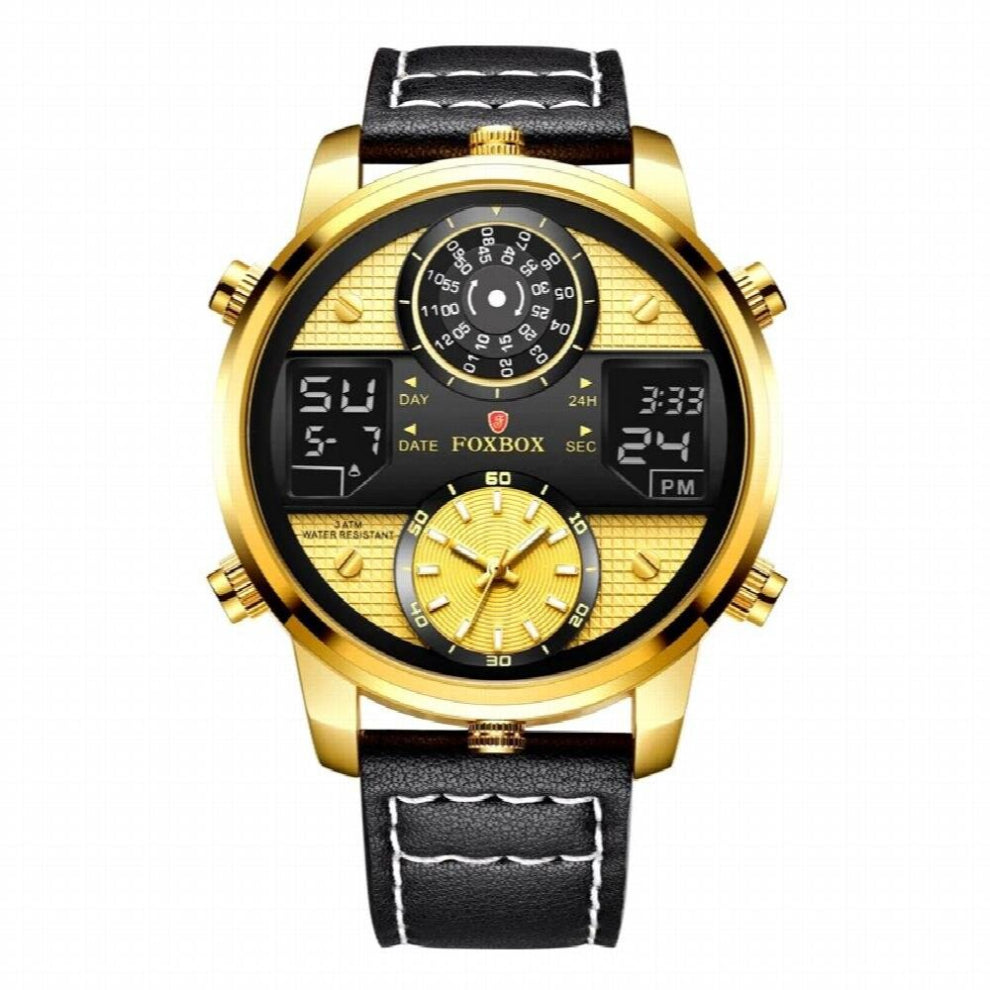 FOXBOX Casual Leather Mens Watches Top Digital Electronic Watch For Men Military Waterproof Dual Display Watch