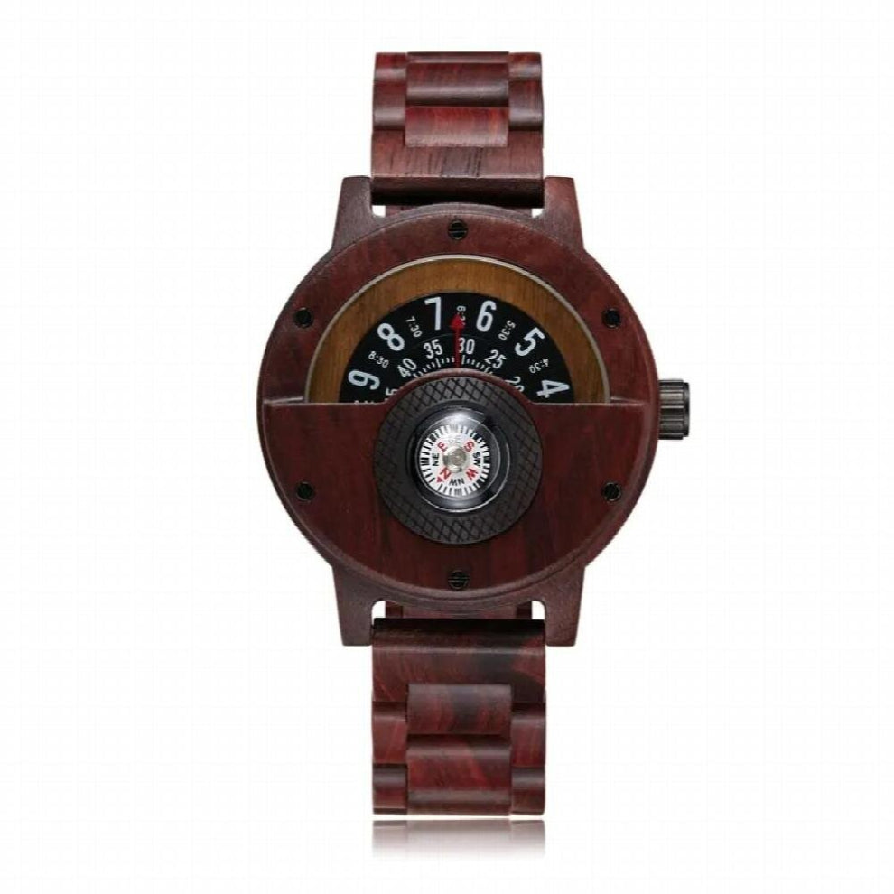 Unique Compass Turntable Number Dial Solid Wooden Watch Men Brown Wood Band Creative Natural Wood Wrist Watches Relogio