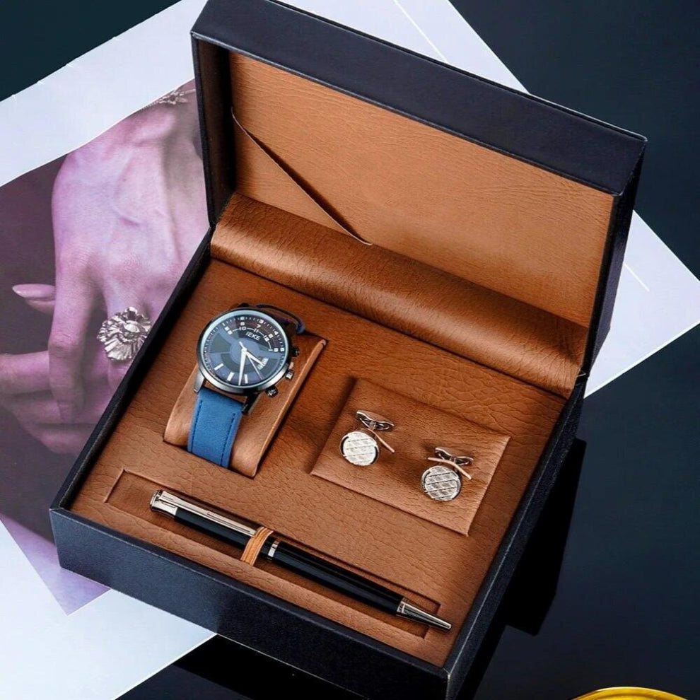 Mens Watch Set With Cufflinks Signature Pen Top Sport Quartz Watches PU Leather Calendar Wirstwatch Sets Box
