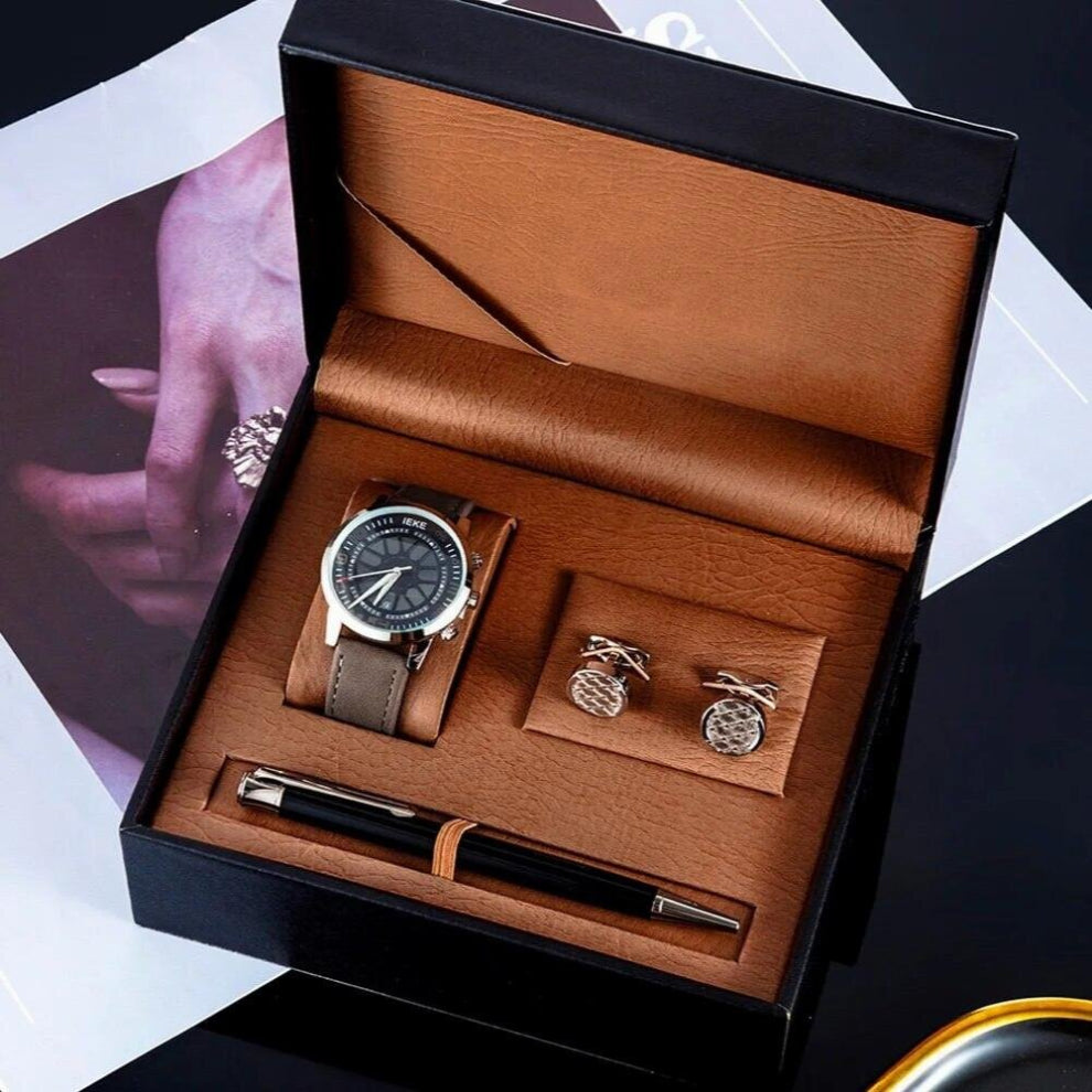 Mens Watch Set With Cufflinks Signature Pen Sport Retro Quartz Watches PU Leather Calendar Wirstwatch Sets Box