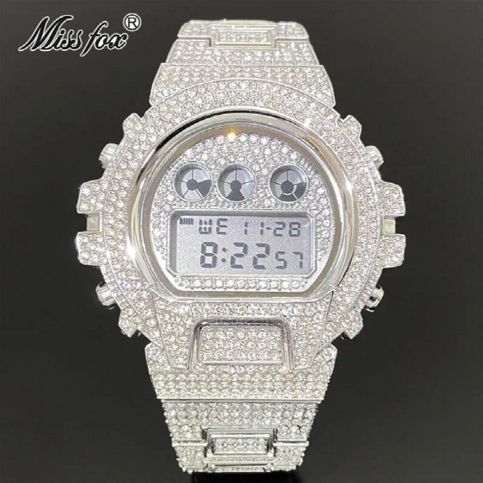 Electronics Watch For Men Full Diamond Digital Clock Stianless Steel Chron Wristwatch