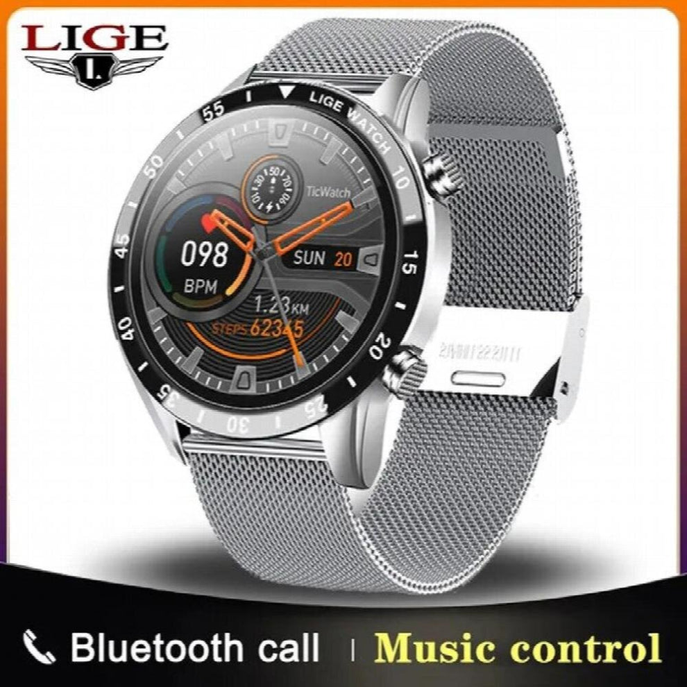 LIGE Smartwatch Mens Watches Steel Band Fitness Pedometer Blood Pressure Heart Rate Detection Mens Smart Watch