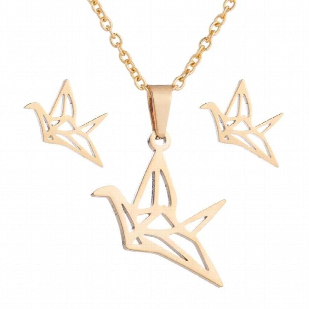 Stainless Steel Vintage Paper Crane Stud Earrings&Necklace Pendant Minimalist Hollow Origami Bird Jewelry Set