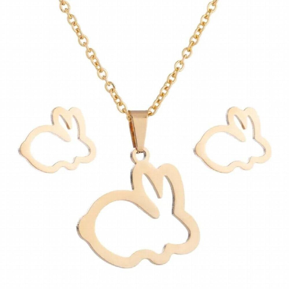 Animal Jewelry Set Stainless Steel Lovely Hollow Rabbit Stud Earrings&Necklace for Women Birthday Present