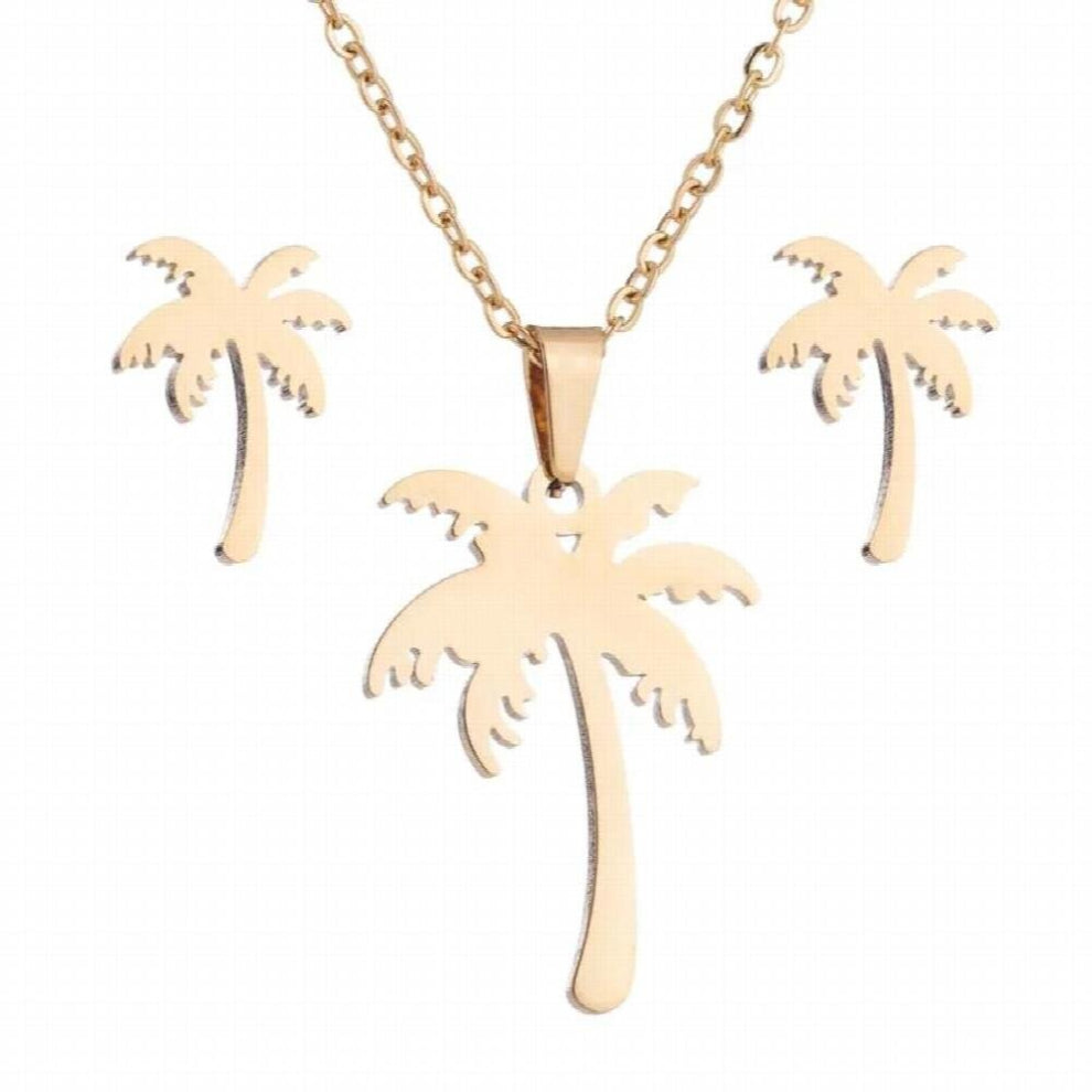 Stainless Steel Coconut Tree Stud Earrings&Necklace Summer Jewelry Set for Women Girls Travelling Beach Accessories