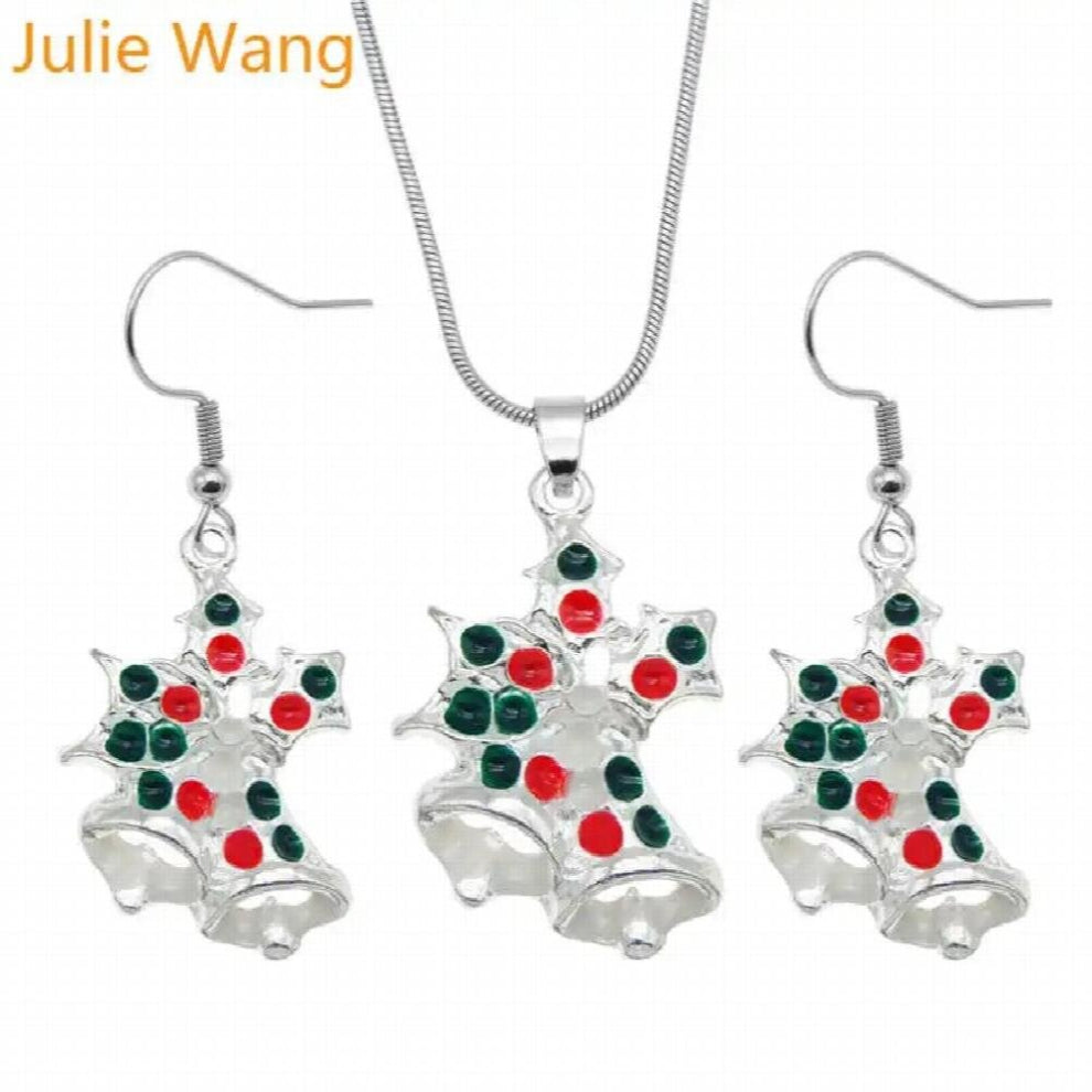 Enamel Christmas Tree Bell Hat Santa Claus Necklace+Earrings Alloy Jewelry Set Snake Chain Women Xmas Gift