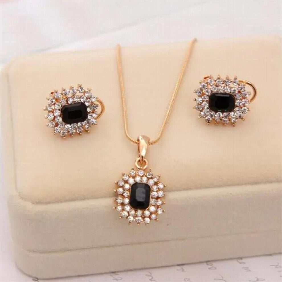Golden Plated Chain Necklace For Women Wedding Rhinestone Jewelry Set Bridal Necklace- Earrings Gem Pendant Set