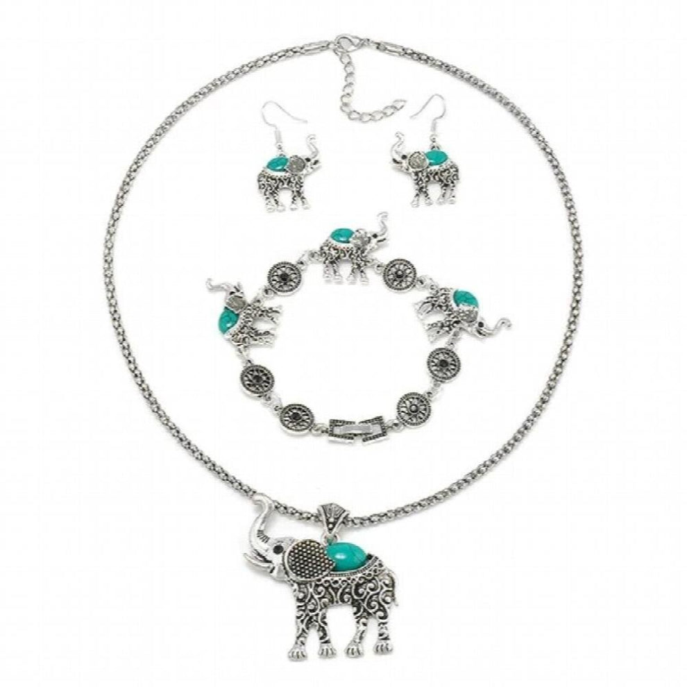 Vintage Elephant Shape Carved Three - Piece Suit Jewelry Bohemian Jewelry Women Necklace-Earrings-Bracelet Sets