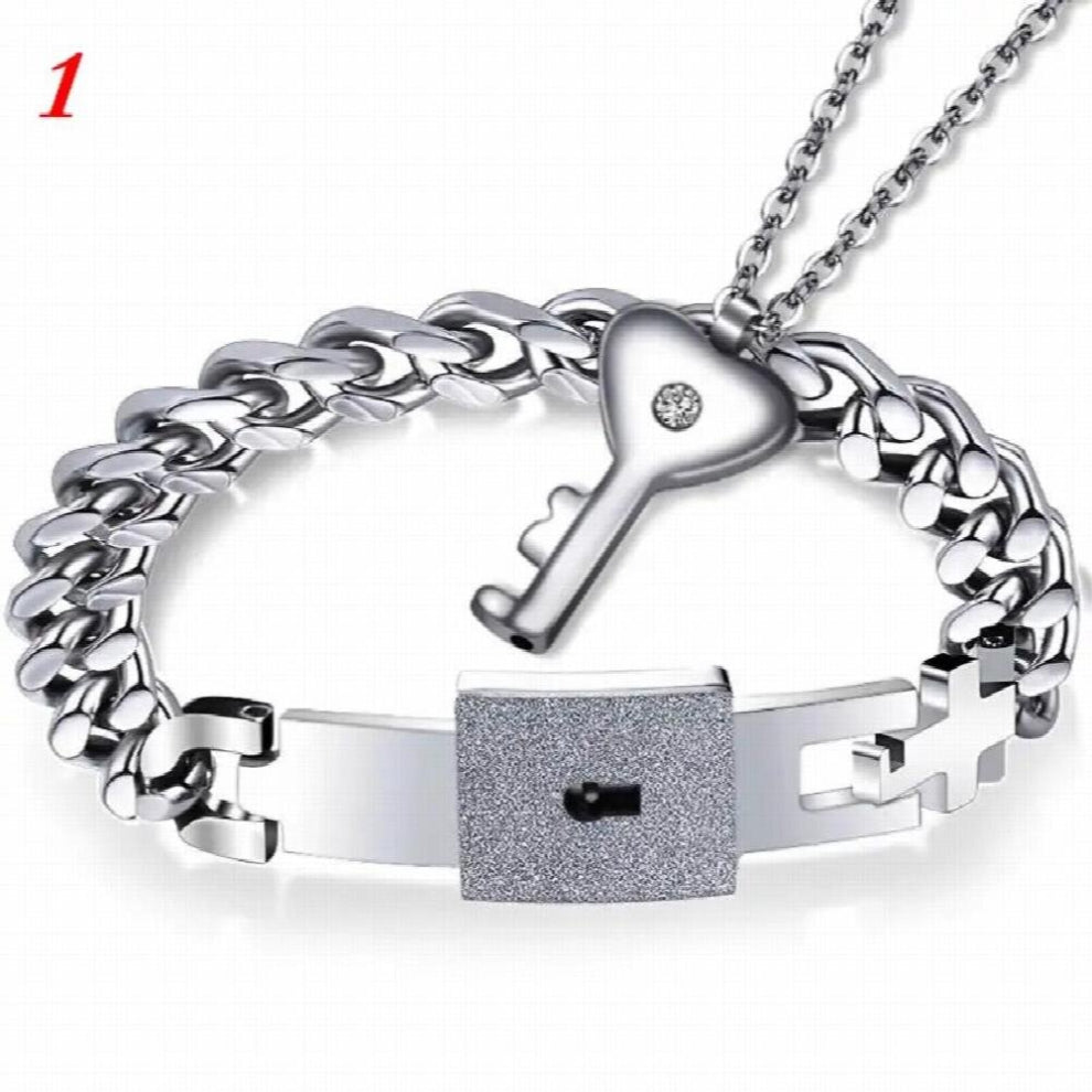 Titanium Puzzle Couple Heart Lock Key Couple Bracelet Necklace Lover Jewelry Set Heart Lock Bracelet Bangle
