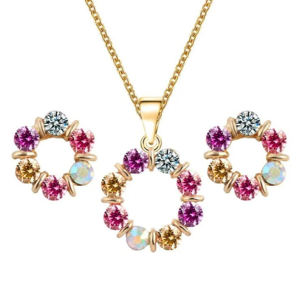 Women Jewelry Set Gold-Color With Multicolors Austrian Crystal Pendant-Earrings Set Parure Bijoux Femme