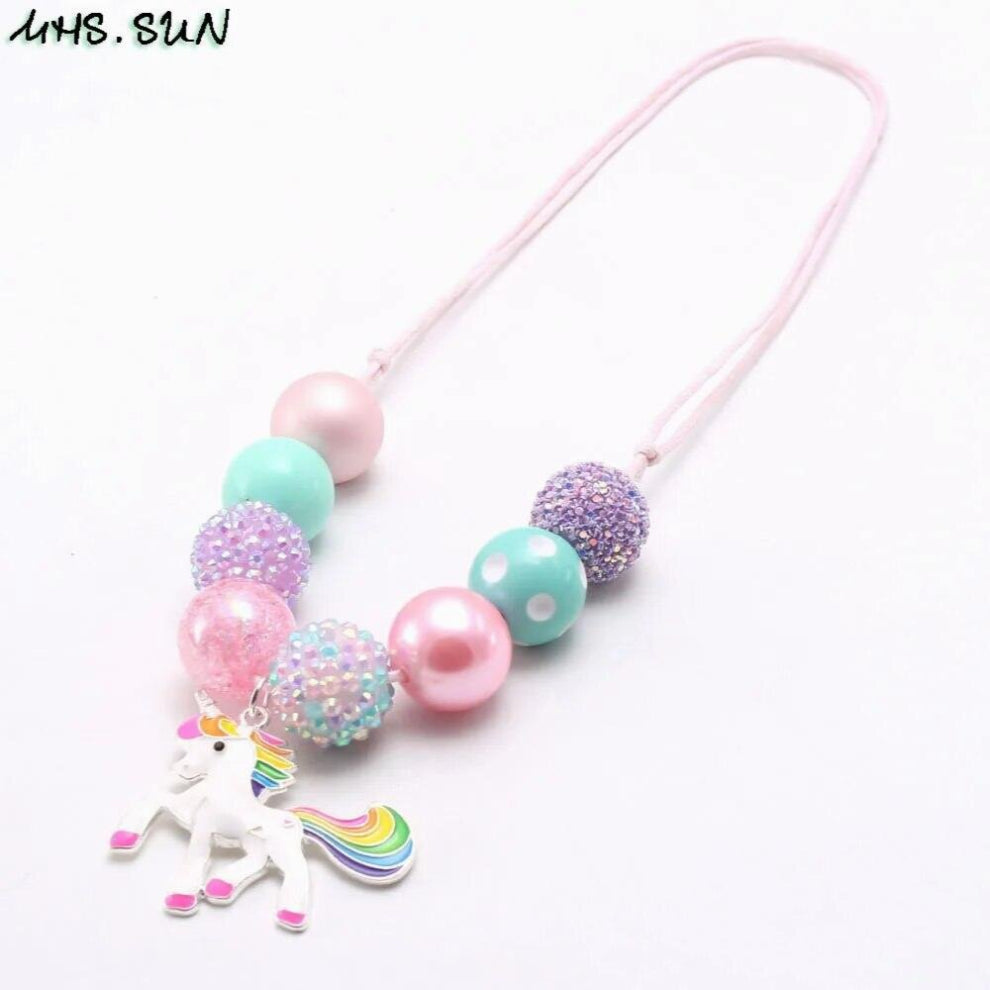 1PC Kids Girls Cartoon Unicorn Pendant Necklace Colorful Chunky Bubblegum Jewelry Chokers Girls Adjust Rope Necklace