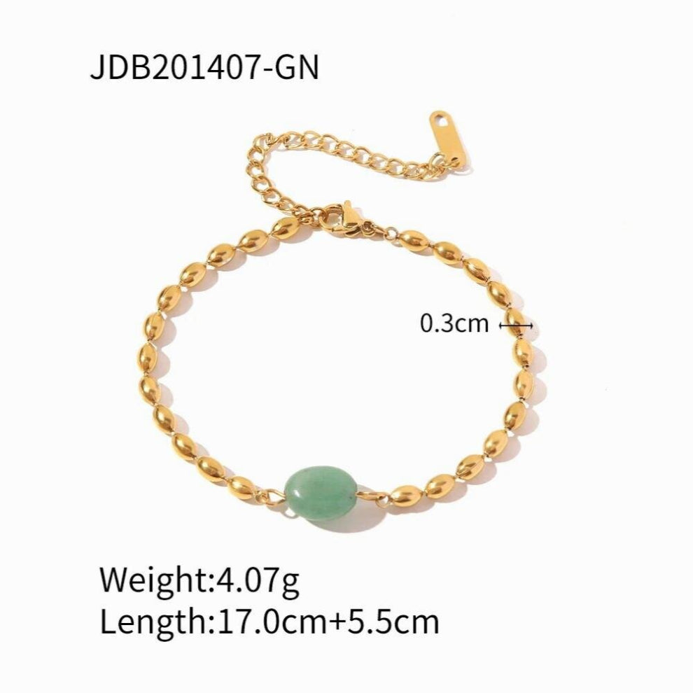 Youthway Green Natural Stone Oval Bead Bracelet Necklace Set 18K PVD Plated Charm Jewelry Set for Women