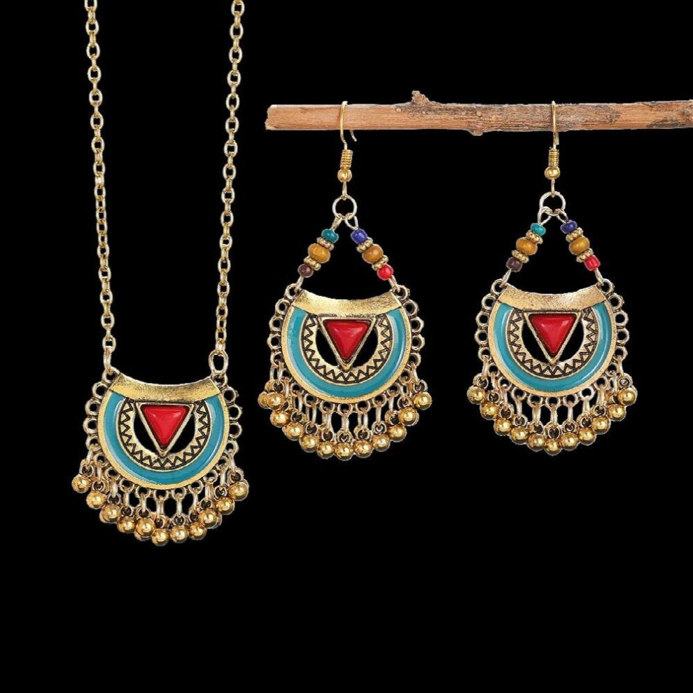 Womens Ethnic Earring-Necklace Set Bijoux Red Stone Geometric Tassel Jewelry Female Vintage Party Jewelry Sets