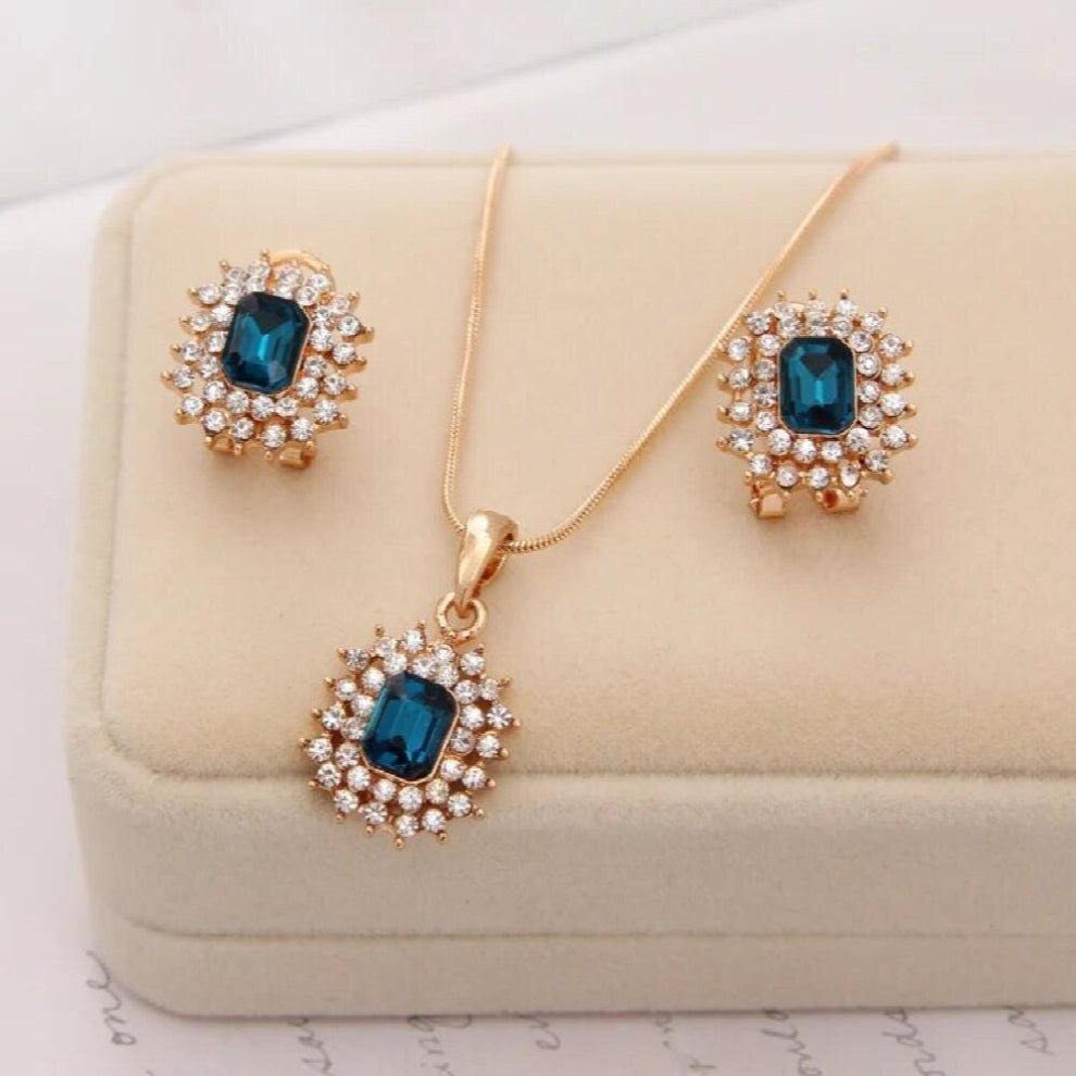 Square Rhinestone Wedding Jewelry Sets For Bridesmaids Full Crystal Long Chain Pink Stone Necklaces& Pendants Earring Set