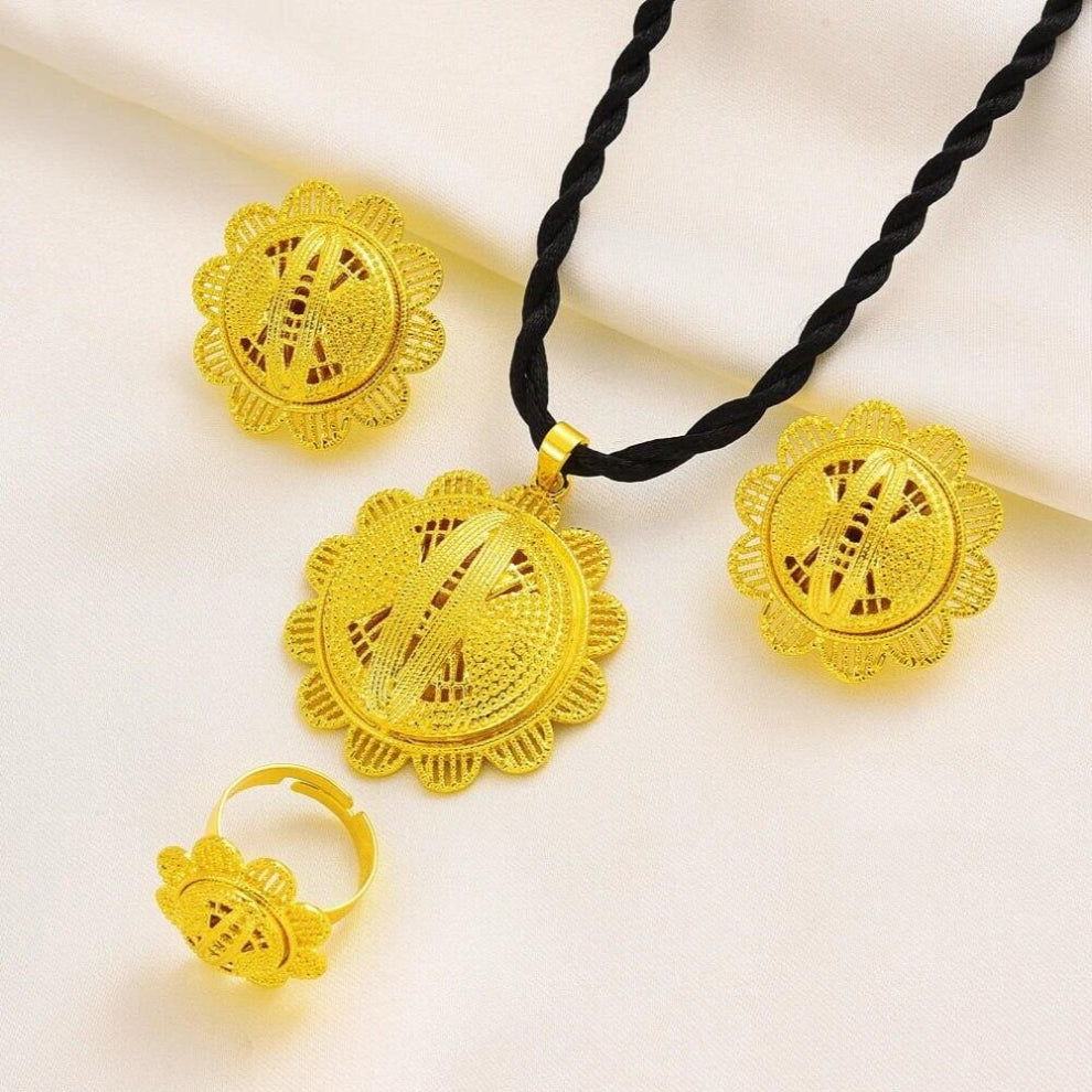 24K Plated Ethiopian Earrings-Pendant-Ring Jewelry Sets Plate Africa Bride Wedding Eritrea Set Gift