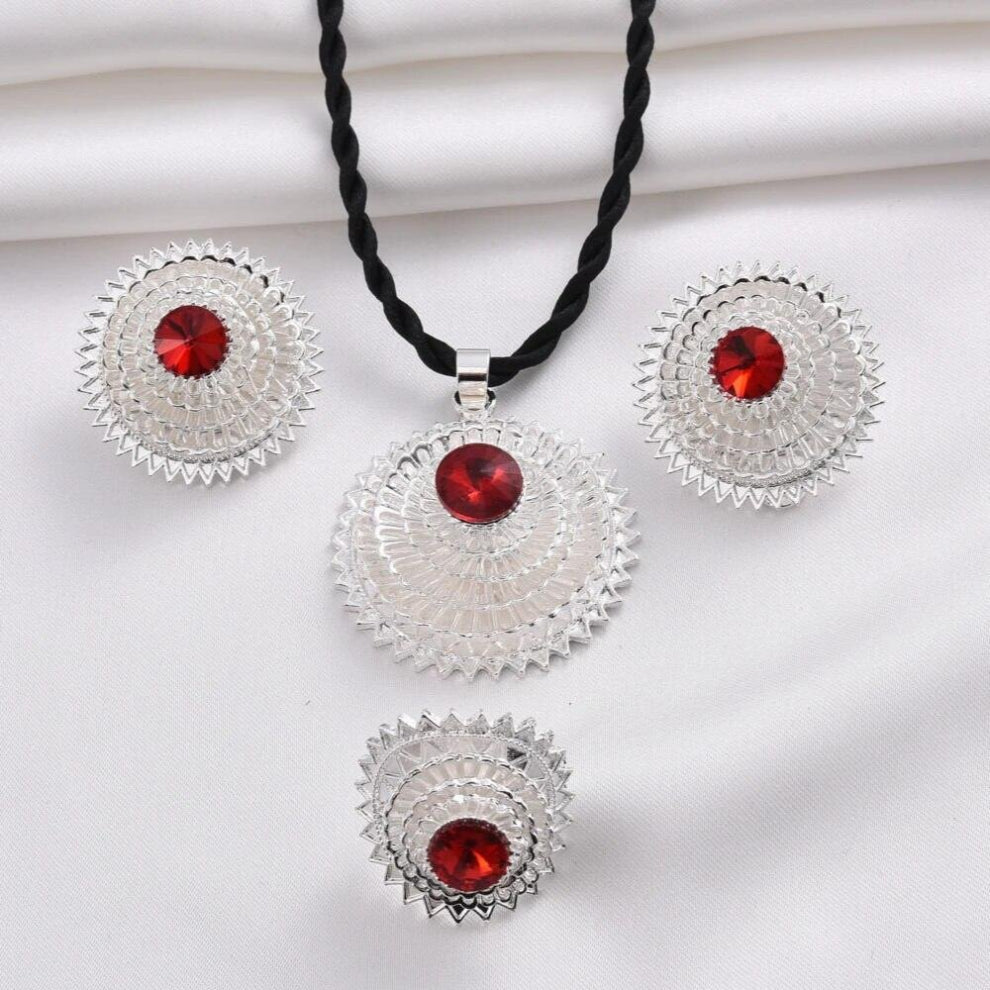 Red Rhinestone Big Ethiopian Earrings-Pendant-Ring Jewelry Sets plate Africa Bride Wedding Eritrea Set Gift