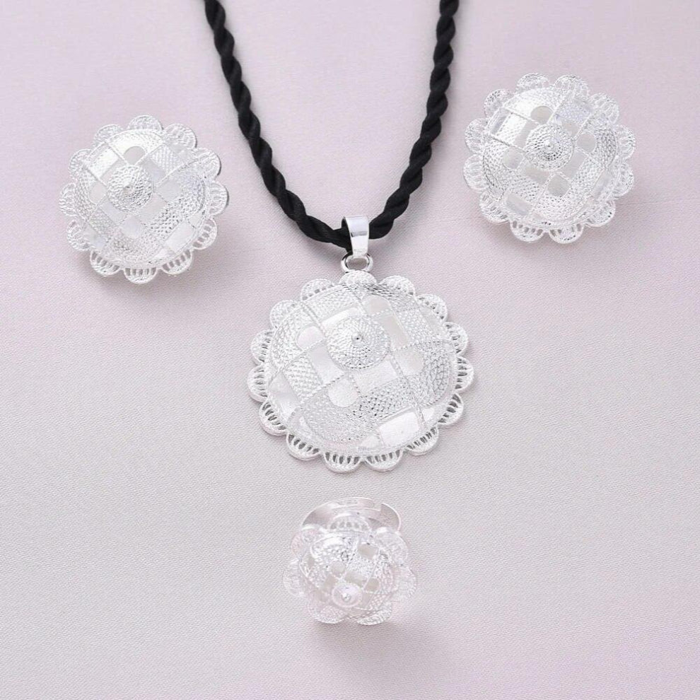 Silver Pated Ethiopian Big Size Earrings-Pendant-Ring Jewelry Sets Silver Plate Africa Bride Wedding Eritrea Set Gift