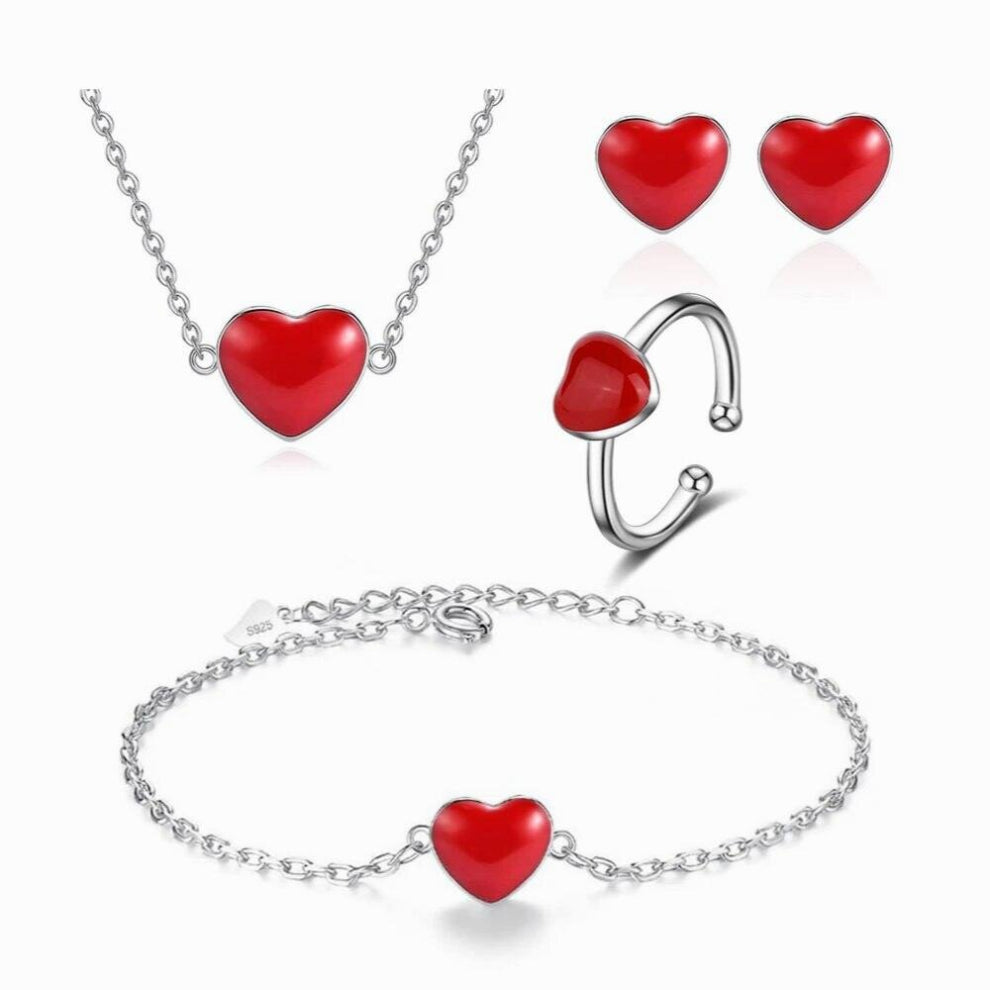 Silver Red Heart Necklace-Earrings-Ring-Bracelet For Women Girl Jewelry Sets